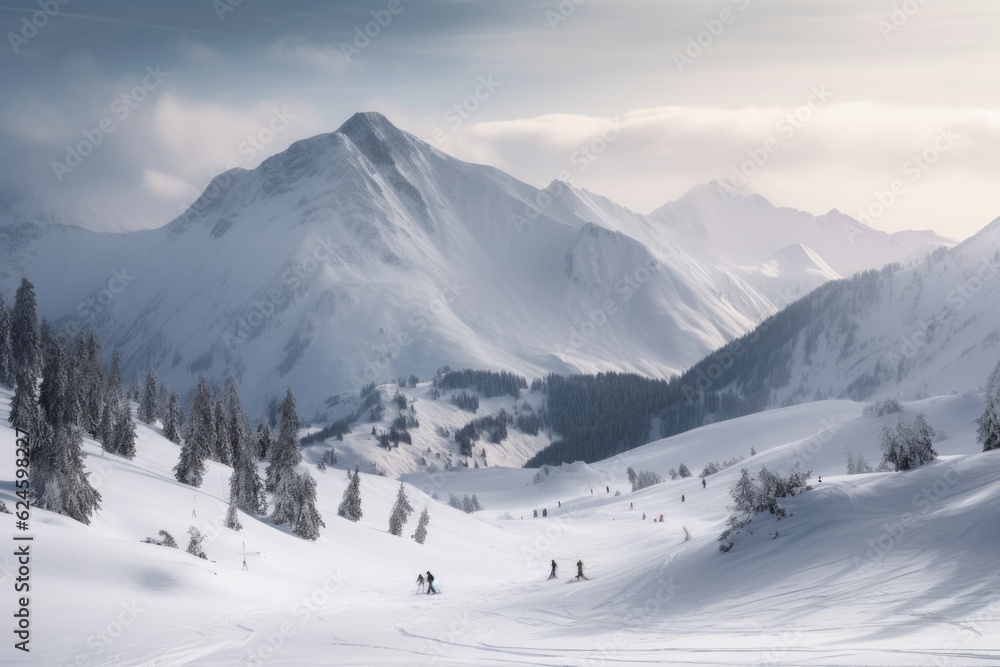 snowy mountain range, with skiers and snowboarders traversing the slopes, created with generative ai