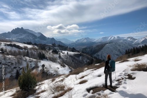 winter hike, with view of snowy mountain range in the background, created with generative ai