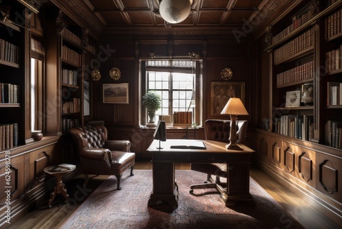 wood-paneled study, with leather chair and antique desk, bookshelves filled with books, created with generative ai