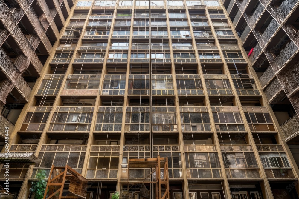 high-rise building, with close-up of intricate windows and frames, created with generative ai