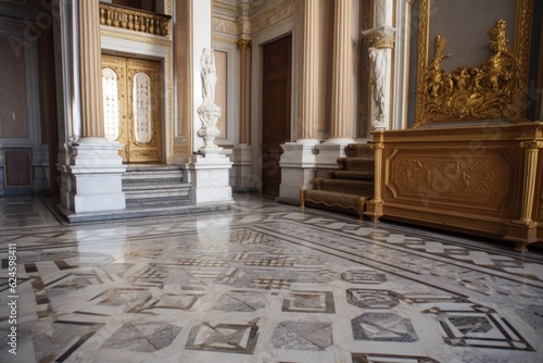 view of intricate marble pattern on floor, with a staircase in the background, created with generative ai © altitudevisual