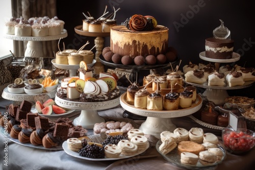 decadent and indulgent dessert buffet for a wedding, party, or event, created with generative ai