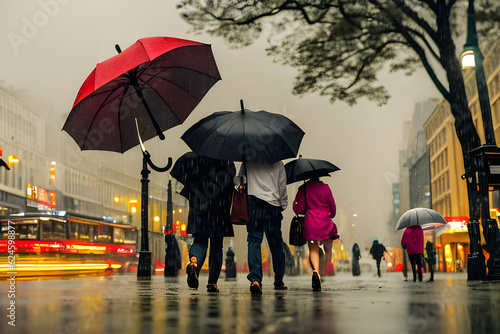 people walking in the rain with umbrella. generative AI.