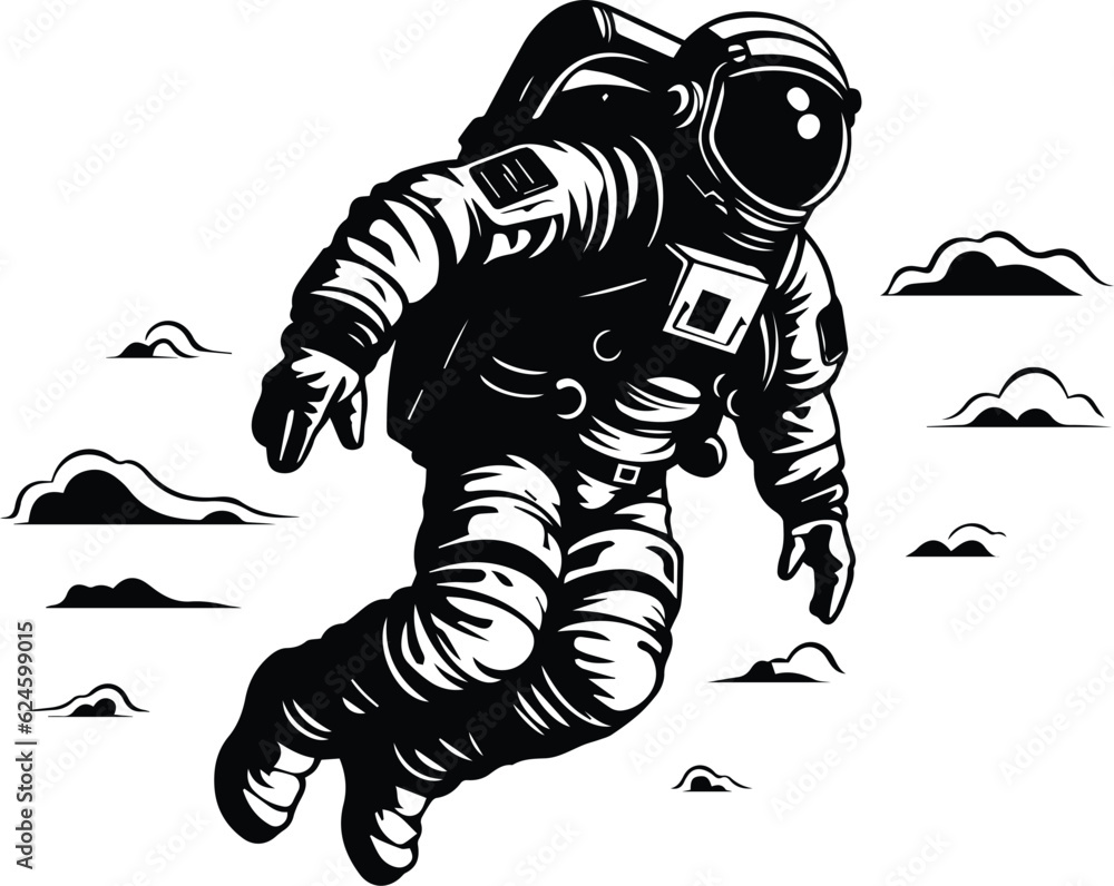 Astronaut Floating In Clouds Logo Monochrome Design Style