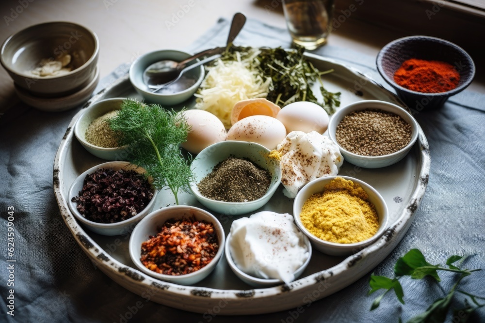 a plate of deconstructed breakfast, with individual ingredients and spices visible, created with generative ai