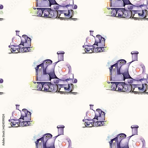 cute watercolor trains Seamless Pattern, generrated ai photo