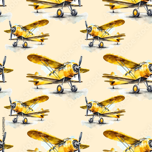 watercolor aircrafts, airplane Seamless Pattern, generrated ai photo