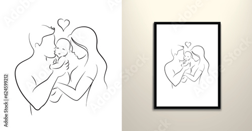 Minimalistic Mom and newborn baby and daddy line art drawing decor 