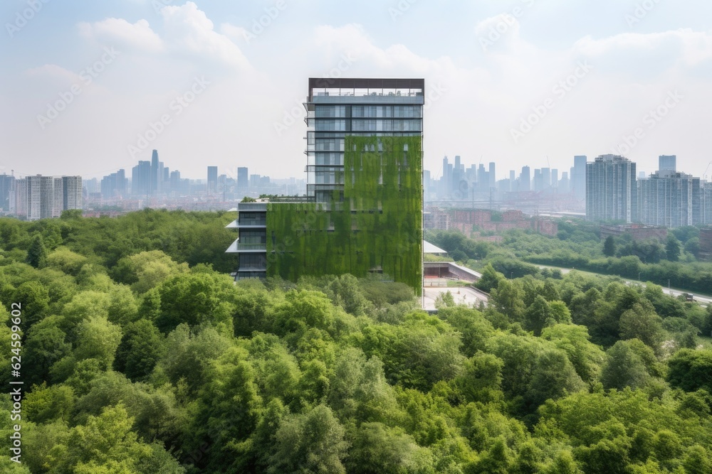modern building, with view of the city skyline, surrounded by greenery, created with generative ai