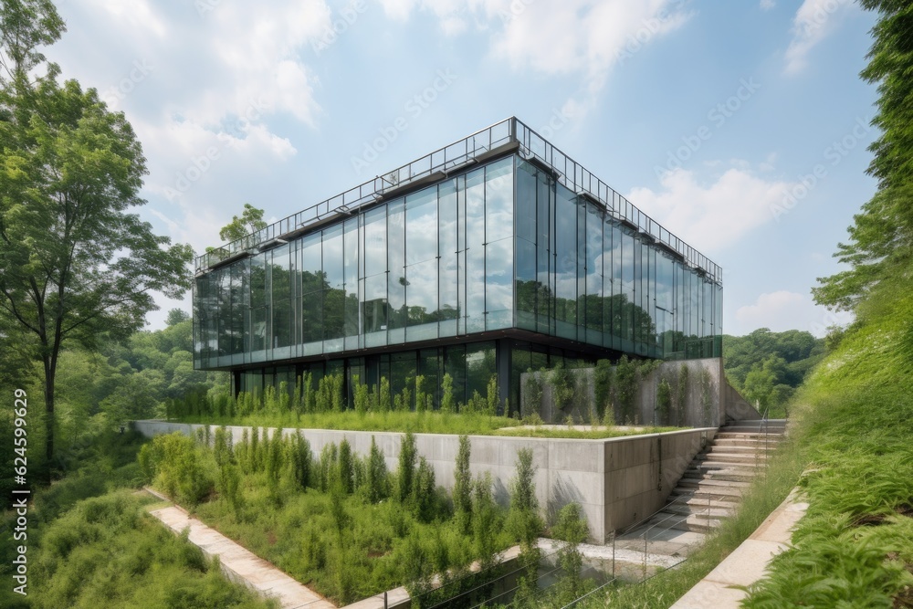 modern building with sleek glass exterior, surrounded by lush greenery, created with generative ai modern building with sleek glass exterior, surrounded by lush greenery, created with generative ai