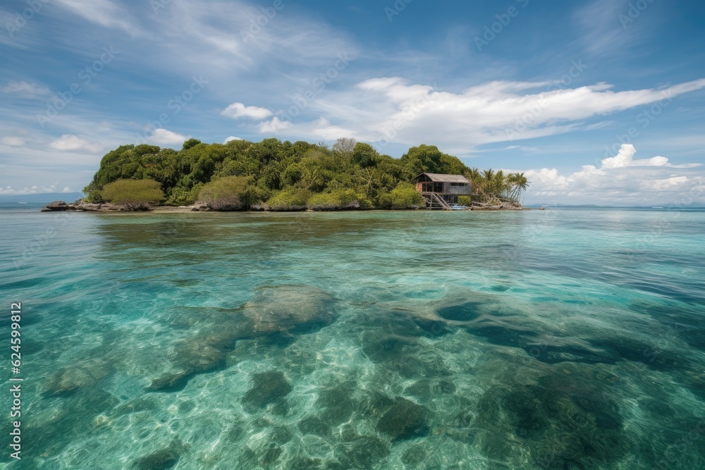 remote island surrounded by crystal-clear water, with snorkeling and diving opportunities, created with generative ai