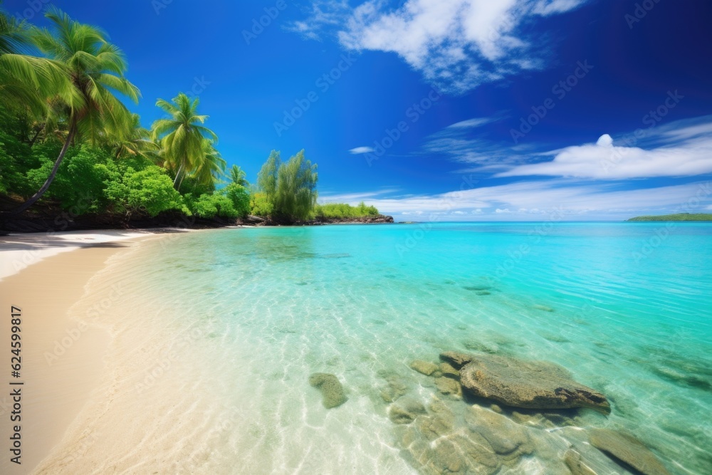 tropical beach, with view of serene blue waters and distant horizon, created with generative ai