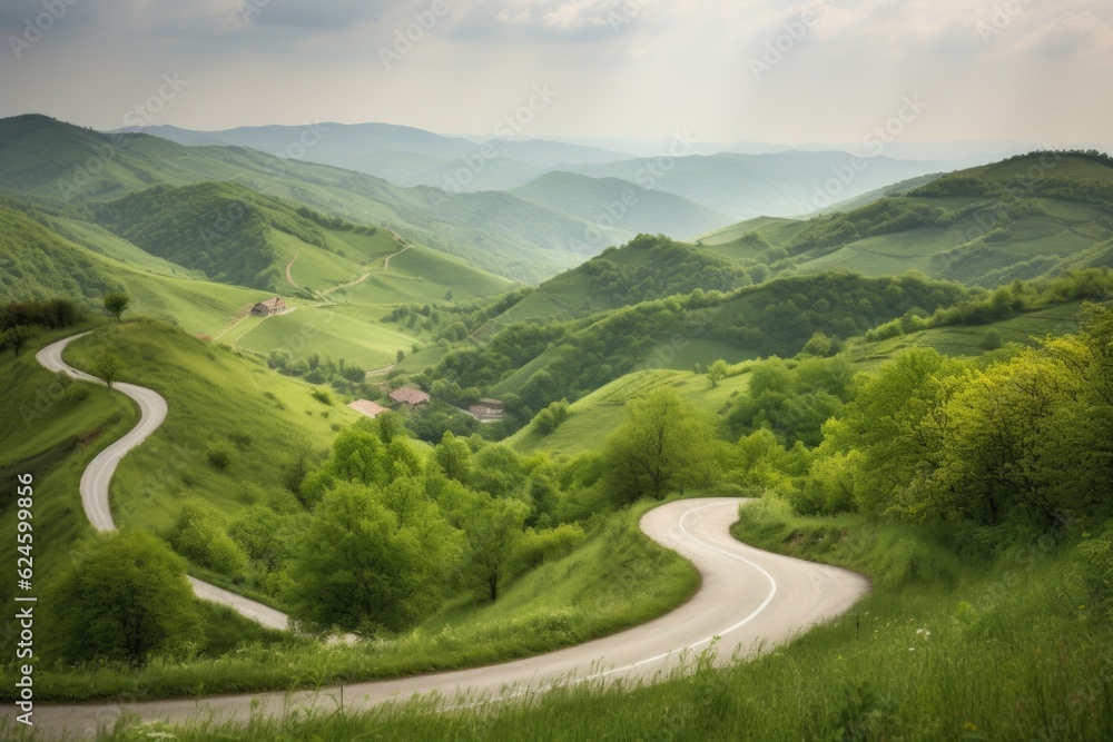 Fototapeta premium winding road with view of rolling hills, leading to a village in the distance, created with generative ai