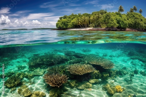 remote island with crystal-clear waters and tropical fish swimming among the corals, created with generative ai © altitudevisual
