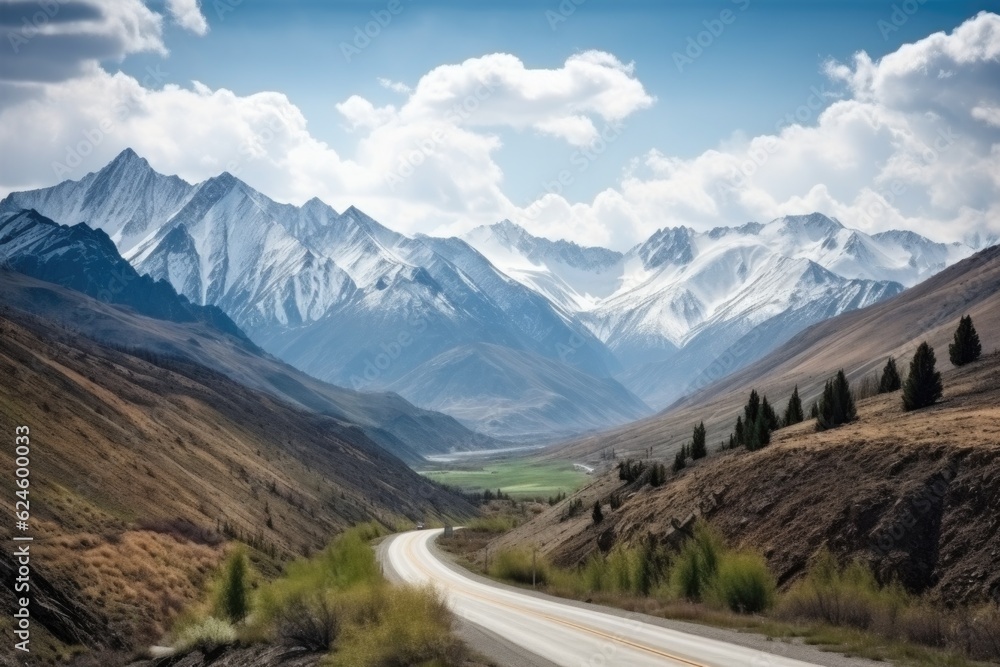 scenic road trip through the mountains, with views of snow-capped peaks and rushing streams, created with generative ai