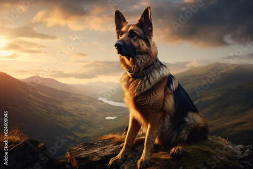 Photorealistic ai artwork of a german shepherd dog on the mountain at sunset. Generative ai. © JG Marshall