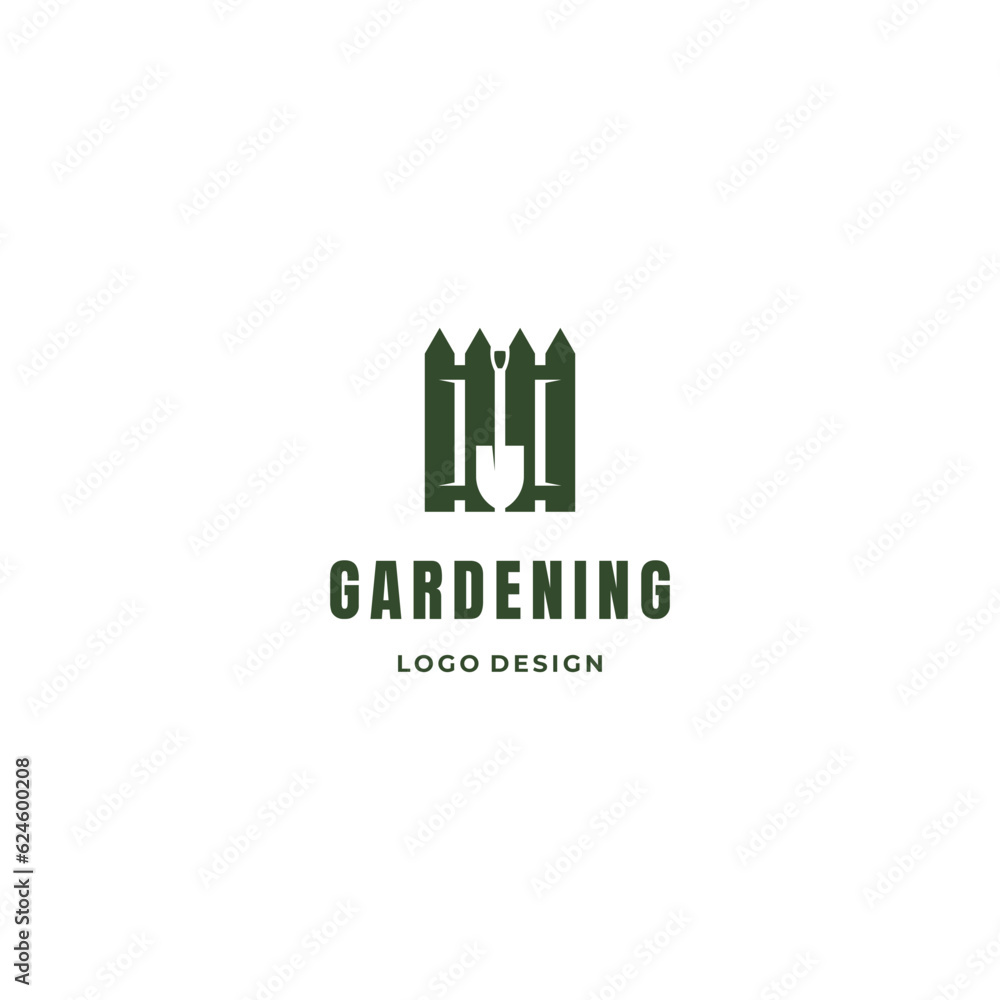 home gardening logo, fence combine with shovel logo design concept home gardening logo, fence combine with shovel logo design concept