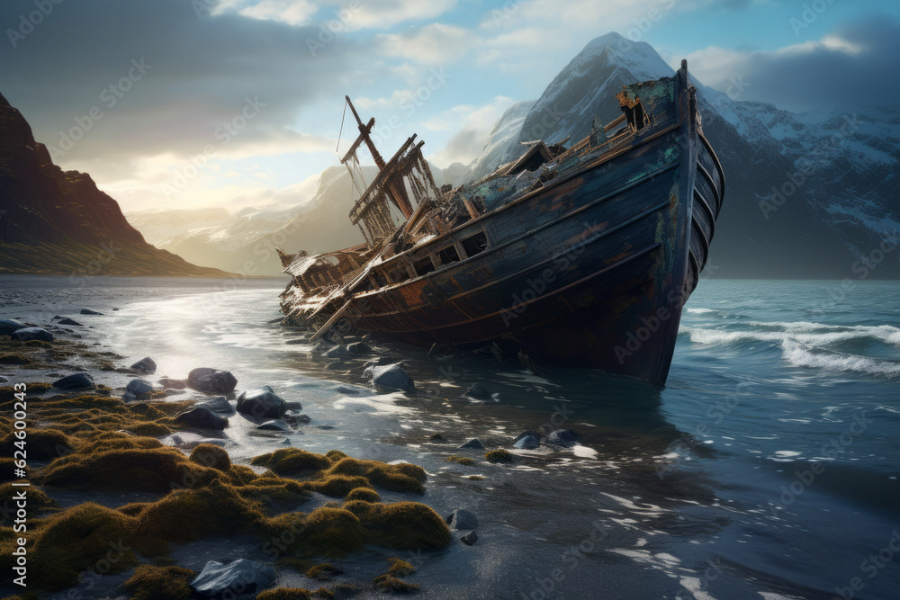 Photorealistic ai artwork of a shipwreck in a beautiful, isolated location. Sunset with dramatic view of mountains and the sea. Generative ai.