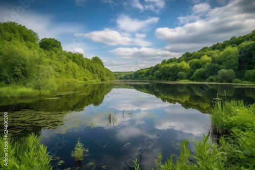 peaceful lake surrounded by lush greenery  with wispy clouds above  created with generative ai