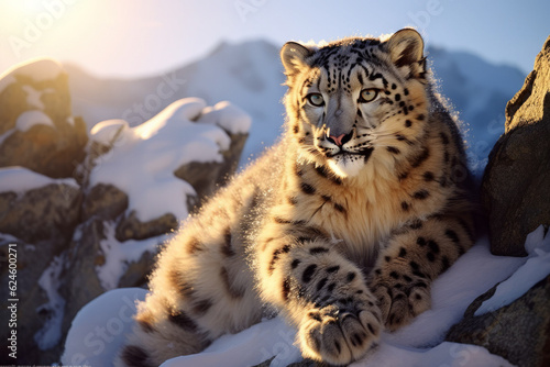 Photorealistic ai artwork of a snow leopard in a beautiful, isolated location at sunset in the snow on a mountain. Generative ai.