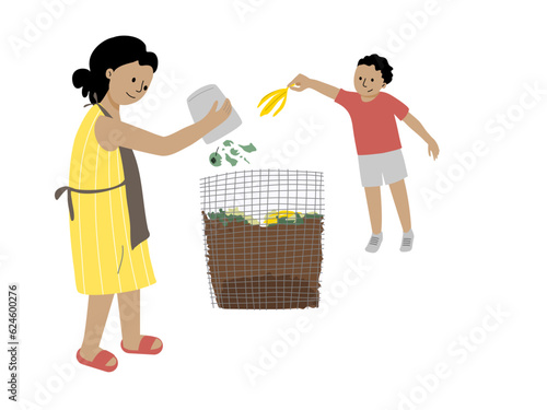 Mother and son do composting at home, flat vector illustration.