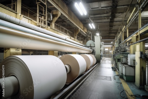 paper mill, with towering rolls of paper coming off the production line, created with generative ai