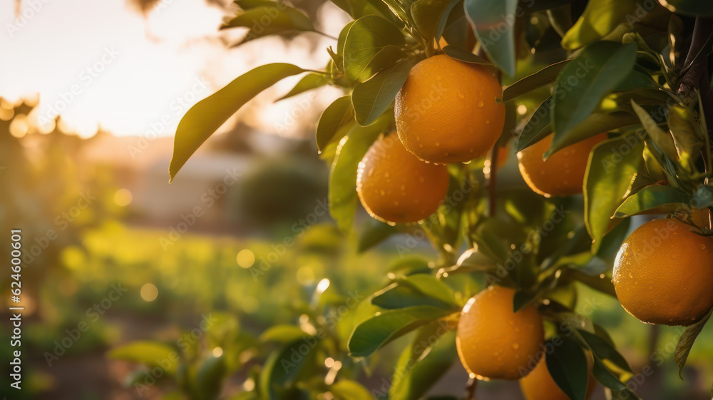 Fresh oranges on a tree, Freshly grown oranges on a farm, AI generated Fresh oranges on a tree, Freshly grown oranges on a farm, AI generated