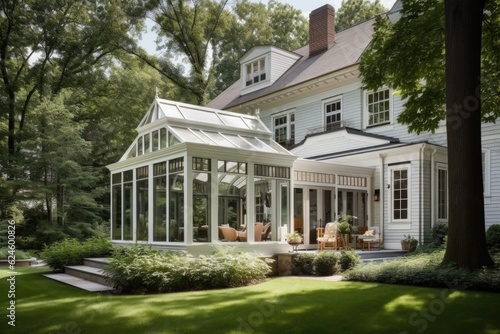 traditional home with sunroom addition to maximize natural light and bring in greenery, created with generative ai