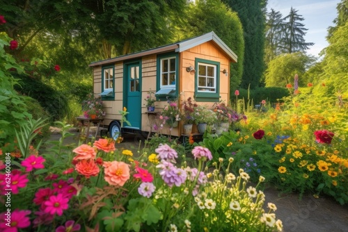 tiny home nestled amongst lush greenery and blooming flowers, created with generative ai