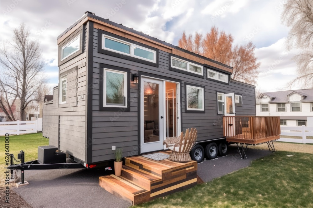 Fototapeta premium tiny home in quaint town, surrounded by bustling activity and shops, created with generative ai