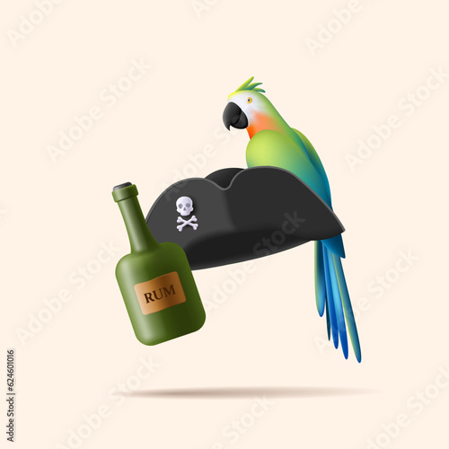 Pirate 3d composition with capotan triange siling hat with skull and bones symbol, parrot and bottle of rum, digital illustration
