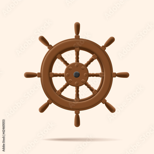 Boat sailing steering wheel icon, 3d illustration of wooden rudder