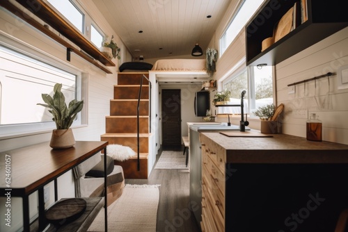 close-up of tiny home's interior, with cozy decor and modern touches, created with generative ai