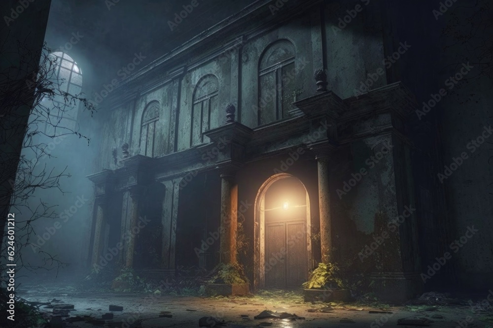 creepy abandoned building, with flickering lights and floating dust, creating eerie atmosphere, created with generative ai
