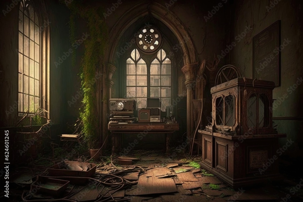 creepy abandoned asylum, with broken and rotting furniture, old medical equipment, and hallways filled with eerie shadows, created with generative ai
