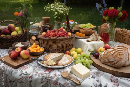 rustic picnic with tablecloth and baskets of fruits, cheeses, and treats, created with generative ai