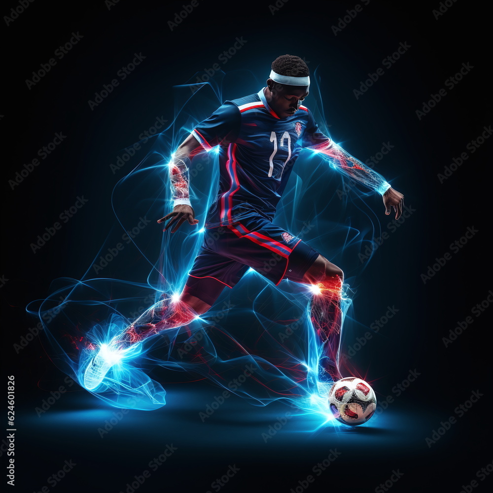 Soccer player in the movement with the ball, 3,  ai generated