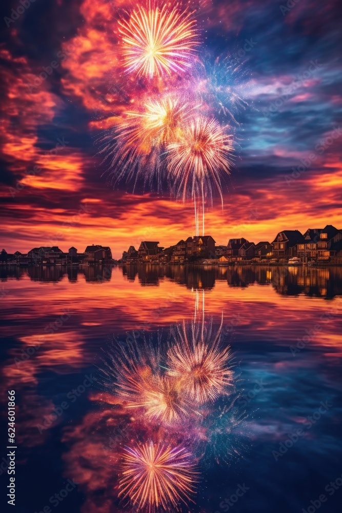 fireworks display reflecting on calm lake, created with generative ai