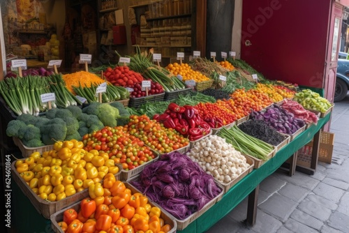 colorful vegetable stand, with a variety of fruits and vegetables on display, created with generative ai