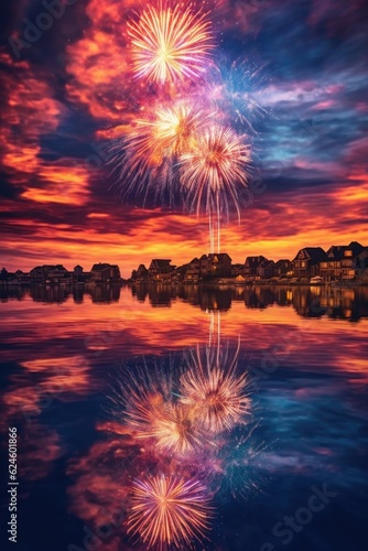 fireworks display reflecting on calm lake, created with generative ai © altitudevisual