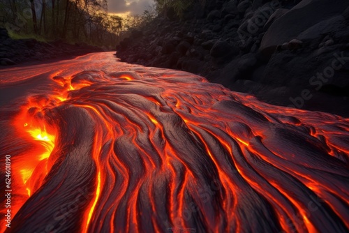 long exposure of lava flow creating fiery trails, created with generative ai