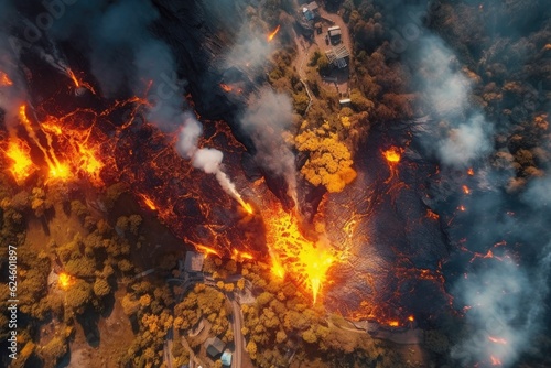 aerial view of volcano erupting with fiery lava flow, created with generative ai