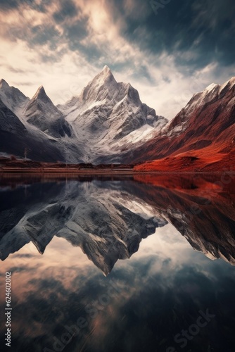 reflection of mountains on a still lake surface, created with generative ai