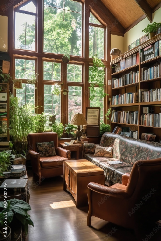 community library with a cozy reading area, created with generative ai