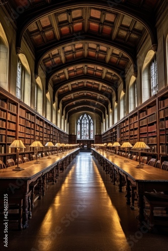 college library interior with rows of books, created with generative ai