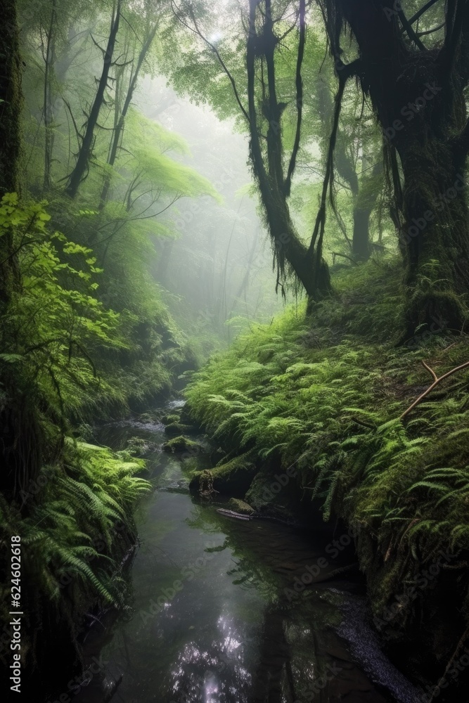 misty morning in a lush, green forest, created with generative ai