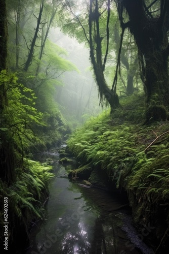 misty morning in a lush  green forest  created with generative ai