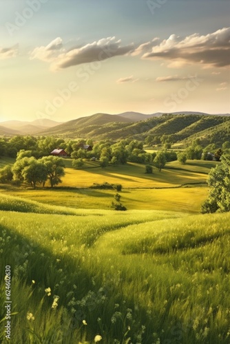 grass-covered rolling hills during golden hour, created with generative ai