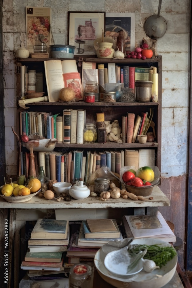 a collection of well-worn family recipe books in a kitchen, created with generative ai