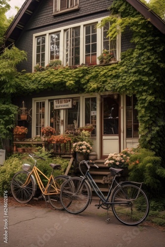 matching bicycles parked outside a charming family home, created with generative ai